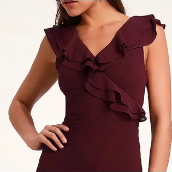 Lulu’s Majesty Burgundy Ruffled Salsa V-Neck Flutter StrapsMaxi Dress Size 1x - Picture 7 of 12